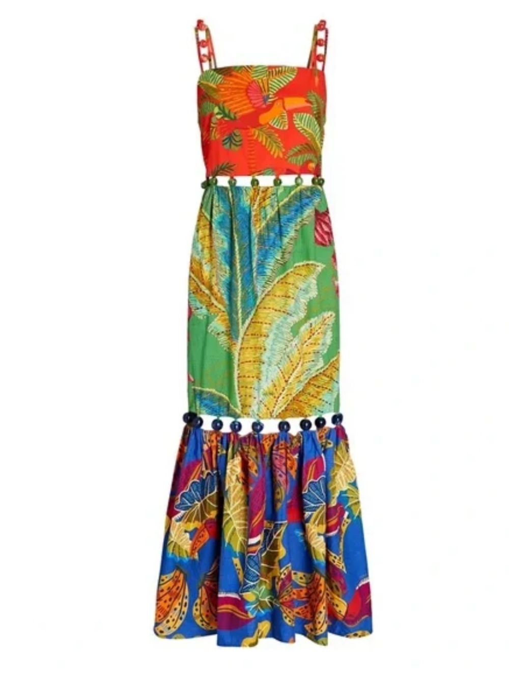Farm Rio Mixed Prints Tiered Beaded Tropical Multi-Color Midi Dress Medium